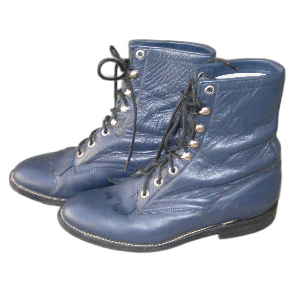 COWTOWN Granny Boots, 6, Dark Blue, Fringe/Kilte, Lace-up, Vintage, Navy